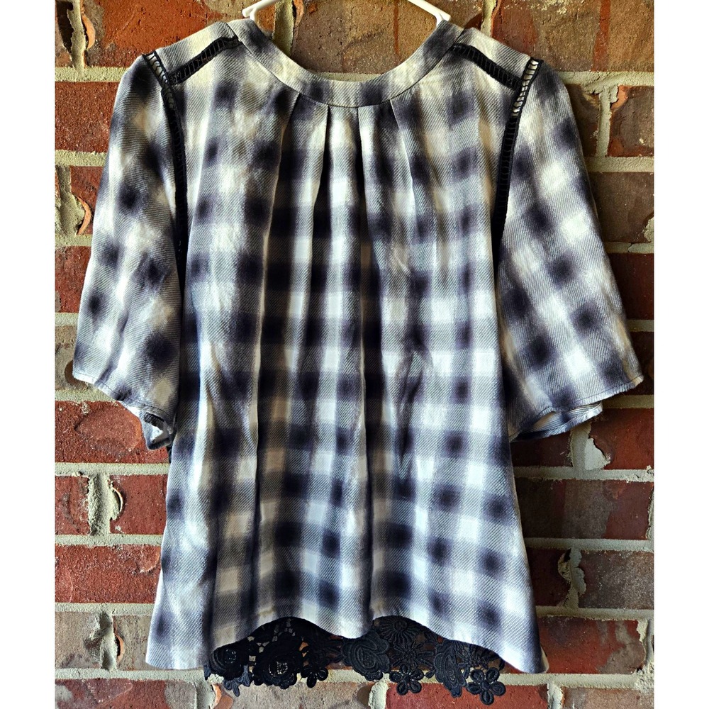 Nordstrom Signature Women's L Gray White Plaid Sheer Lace Back Blouse Zipper